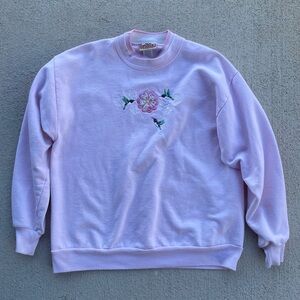 Vintage Embroidered Hummingbird Sweatshirt Pink Floral Cottagecore L